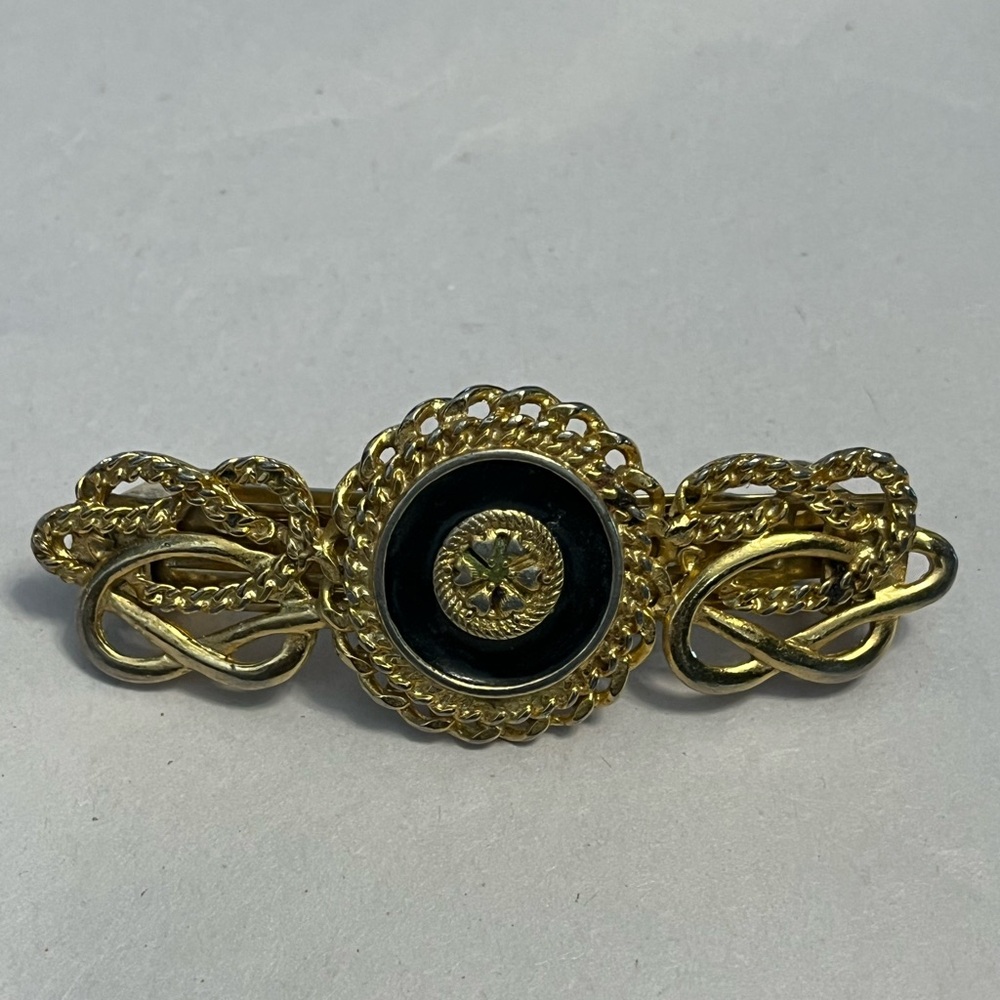 Vintage Made in France Gold Enamel Clover Crest Hair Clip Victorian Bar Tone Vtg